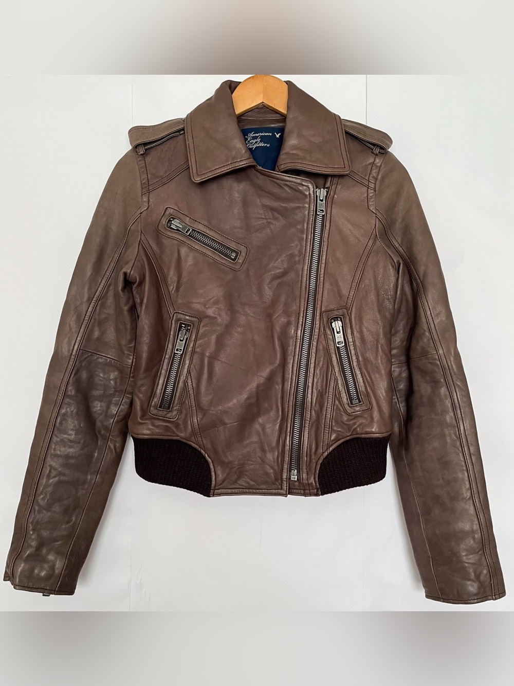 American Eagle Genuine Leather Bomber Jacket Elbow Patches Military Size Small - Picture 2 of 16